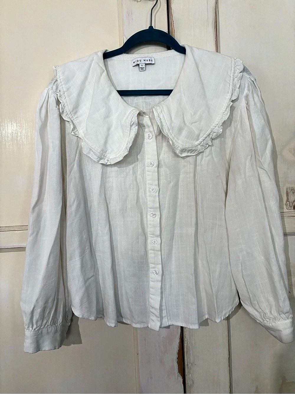 Miou Muse Ruffle Collar Blouse in White Size Large Like New
